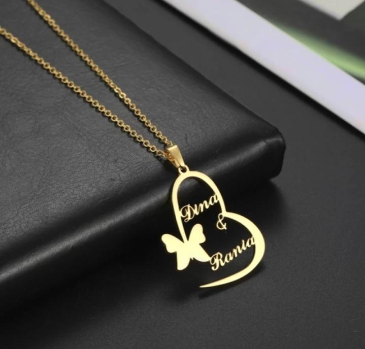 Heart with butterfly Personalized Couple Name Necklace Worbaxshop.com