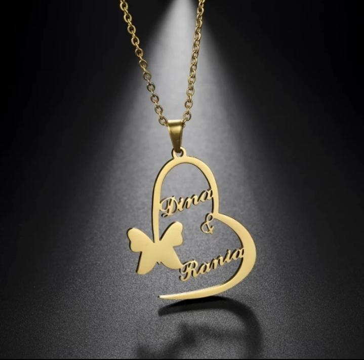 Heart with butterfly Personalized Couple Name Necklace Worbaxshop.com