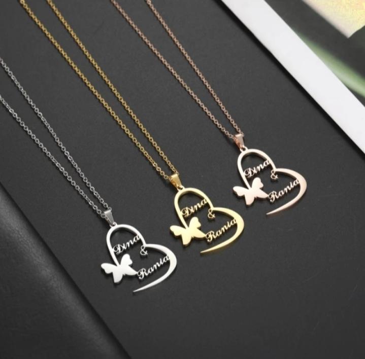 Heart with butterfly Personalized Couple Name Necklace Worbaxshop.com