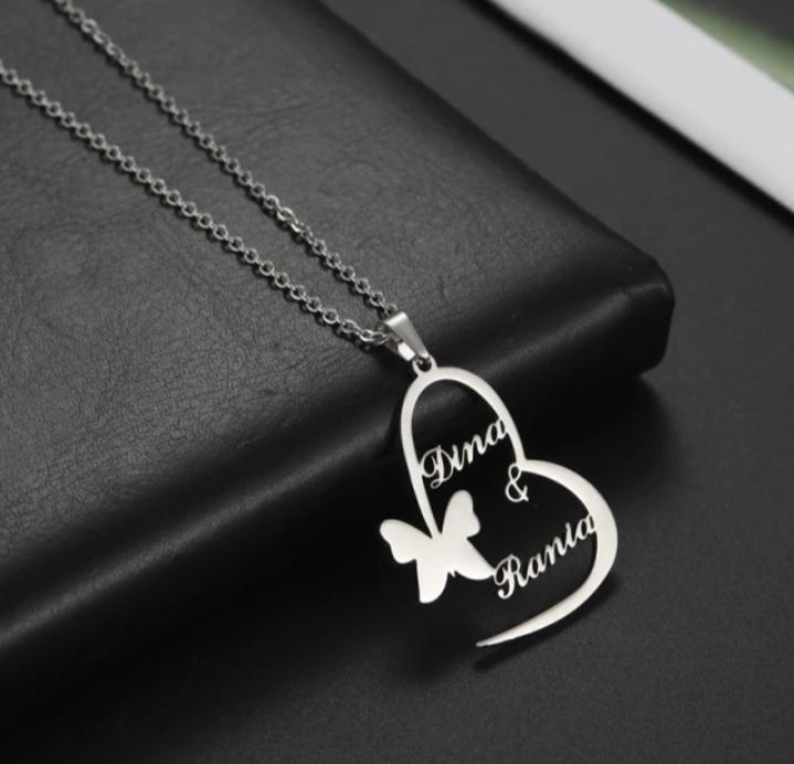 Heart with butterfly Personalized Couple Name Necklace Worbaxshop.com