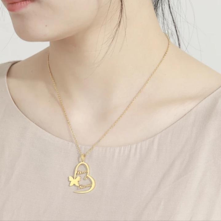 Heart with butterfly Personalized Couple Name Necklace Worbaxshop.com